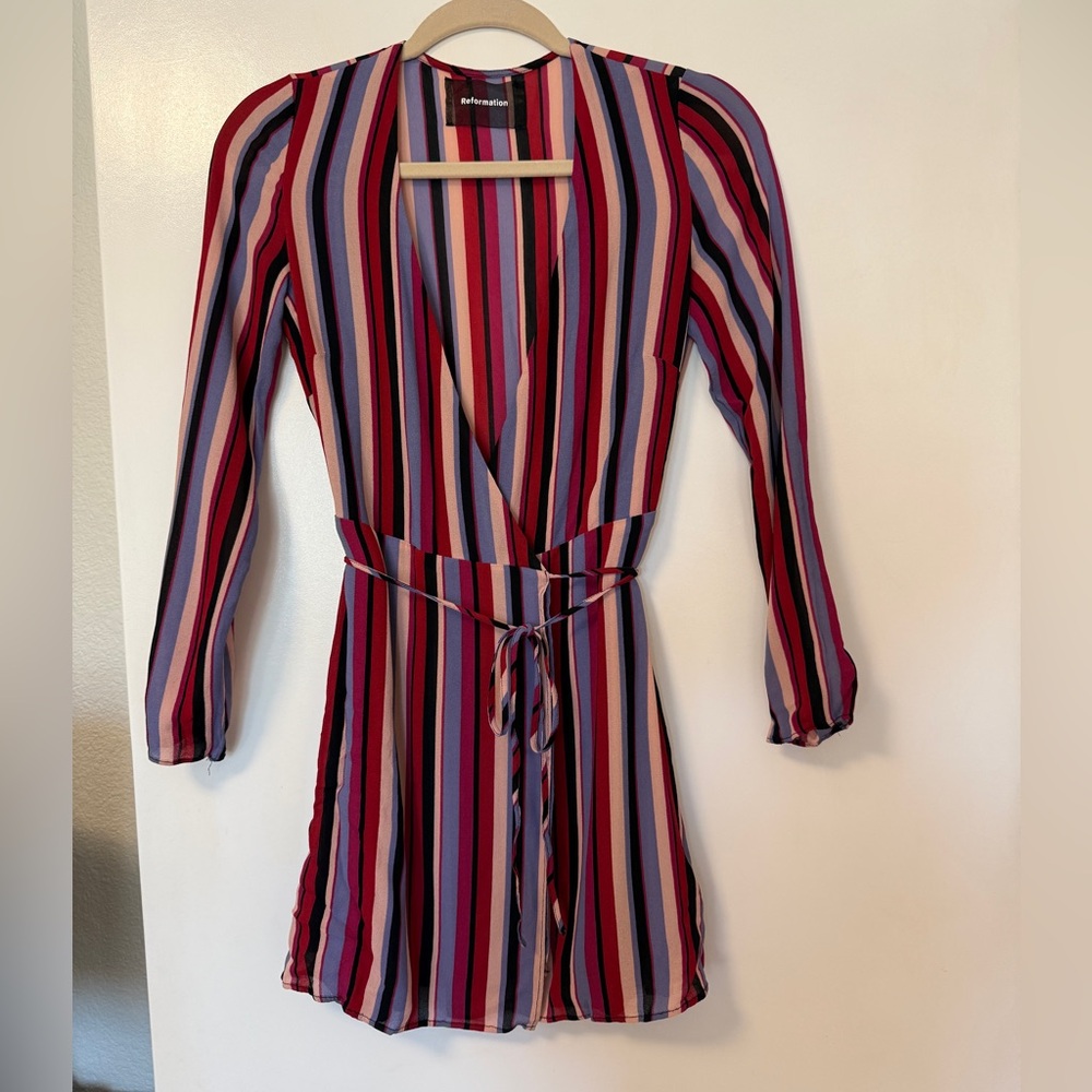 Reformation Luisa striped wrap long sleeve mini dress XS